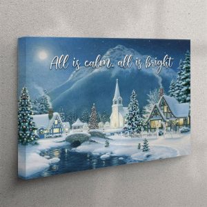 All Is Calm All Is Bright – Country Church Starry Night – Christmas Canvas Wall Art – Christian Wall Art Canvas