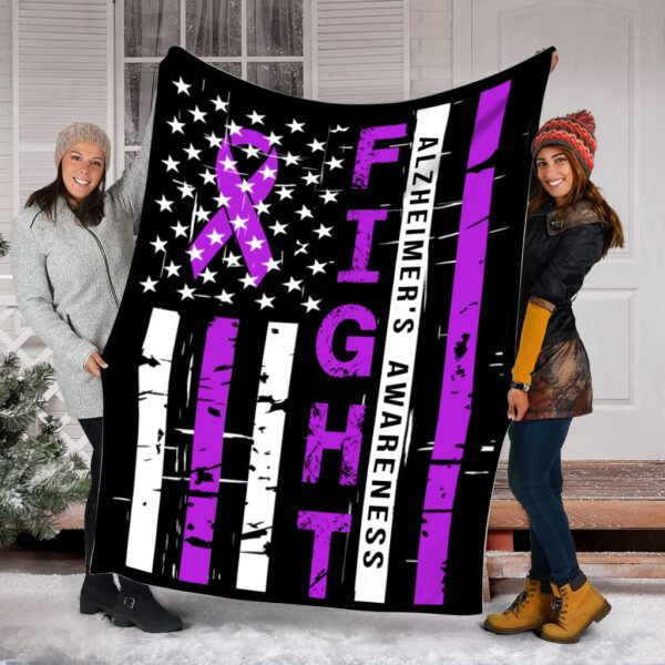 Alzheimer’s Awareness Fight Usa Flag Fleece Throw Blanket – Sherpa Fleece Blanket – Weighted Blanket To Sleep