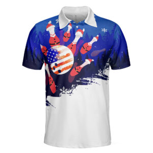 American Flag Christmas Bowling With Santa Pins Polo Shirt - Bowling Men Polo Shirt - Gifts To Get For Your Dad - Father's Day Shirt