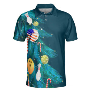 American Flag Christmas Tree Decorations With Bowling Polo Shirt - Bowling Men Polo Shirt - Gifts To Get For Your Dad - Father's Day Shirt