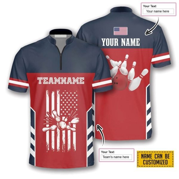 American Flag Red Navy Bowling Personalized Names And Team Jersey Shirt – Gift For Bowling Enthusiasts