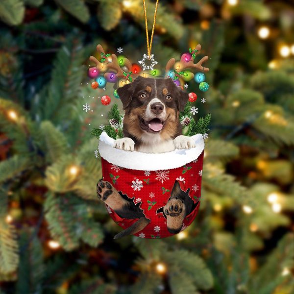 Australian Shepherd In Snow Pocket Christmas Ornament – Flat Acrylic Dog Ornament – Christmas Decor