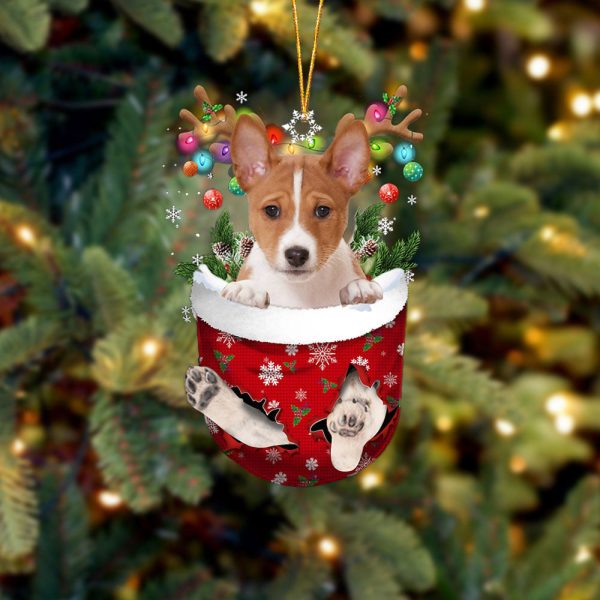 Basenji In Snow Pocket Christmas Ornament – Flat Acrylic Dog Ornament – Christmas Gift For Friends