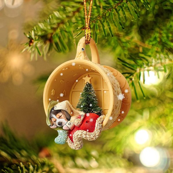 Beagle Sleeping In A Tiny Cup Christmas Holiday-Two Sided Christmas Plastic Hanging Ornament