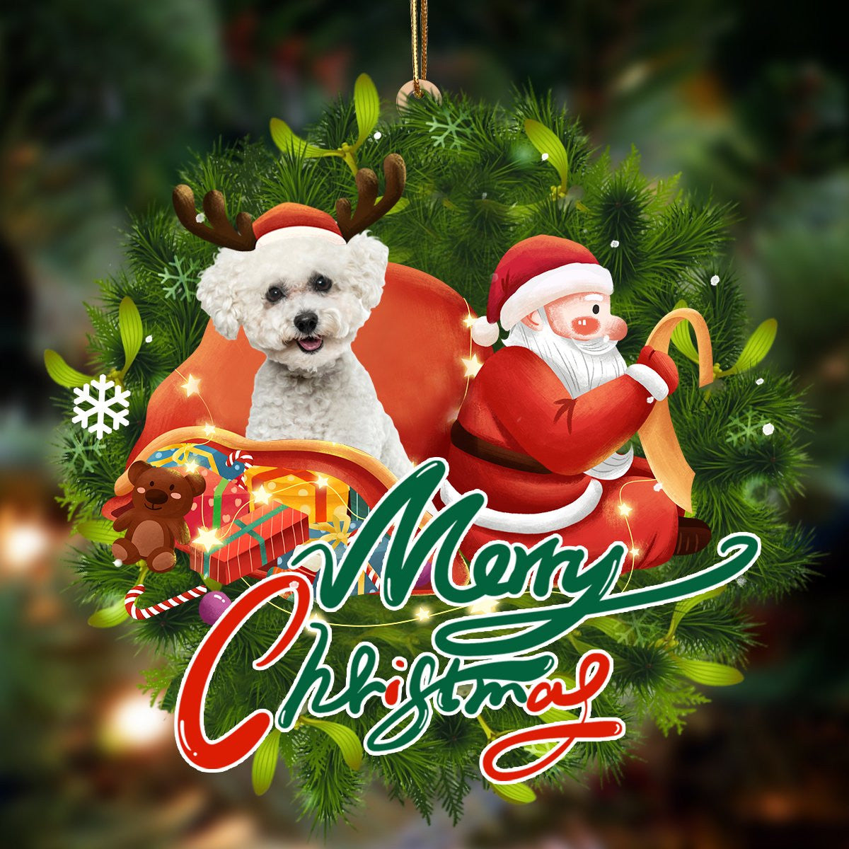 Bichon Frise-Santa & Dog Hanging Christmas Plastic Hanging Ornament – Funny Ornament