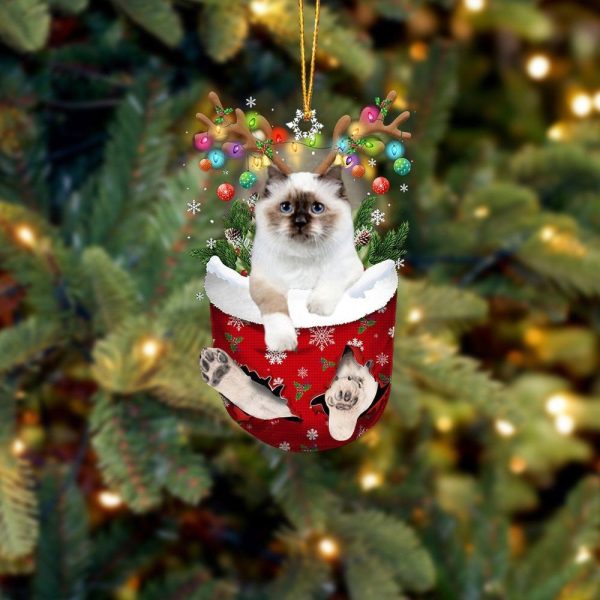 Birman Cat In Snow Pocket Christmas Ornament – Ornaments Hanging Gift – Flat Acrylic Cat Ornament