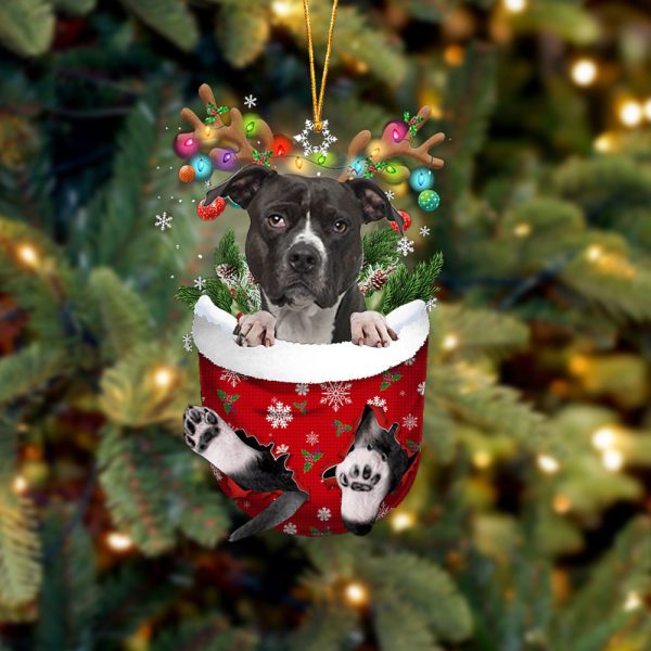 Black American Pitbull Terrier In Snow Pocket Christmas Ornament – Flat Acrylic Dog Ornament