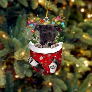 Black American Staffordshire Terrier In Snow Pocket Christmas Ornament - Flat Acrylic Dog Ornament