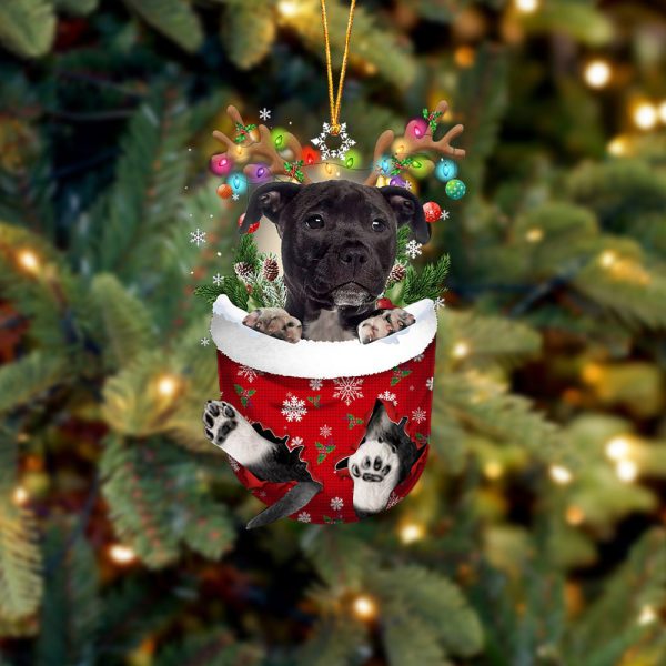 Black American Staffordshire Terrier In Snow Pocket Christmas Ornament – Flat Acrylic Dog Ornament