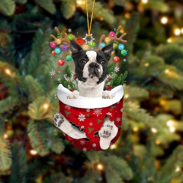 Black Boston Terrier In Snow Pocket Christmas Ornament – Flat Acrylic Dog Ornament