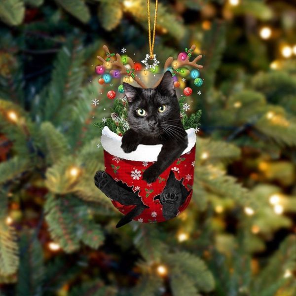 Black Cat In Snow Pocket Christmas Ornament – Flat Acrylic Cat Ornament – Christmas Decor