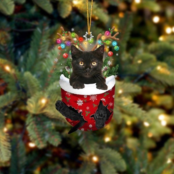 Black Cat In Snow Pocket Christmas Ornament – Flat Acrylic Cat Ornament – Christmas Decor