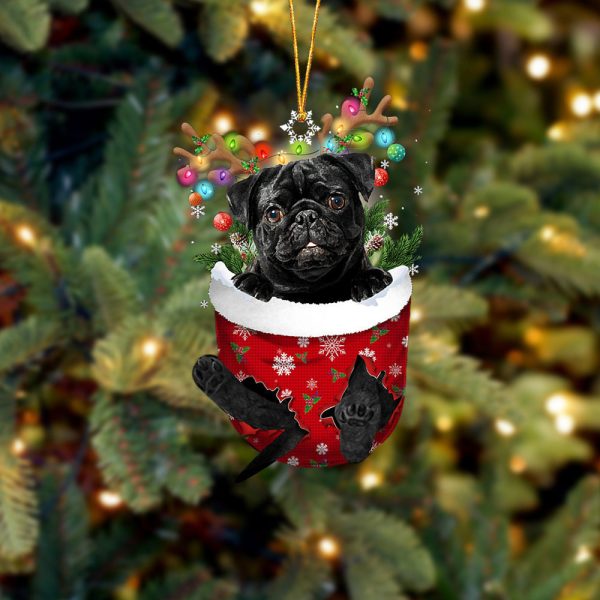 Black Pug In Snow Pocket Christmas Ornament – Flat Acrylic Dog Ornament – Christmas Gift For Friends