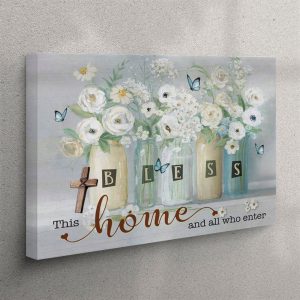 Bless This Home And All Who Enter Canvas Wall Art Butterfly Flower Christian Wall Art Canvas uegsmi.jpg