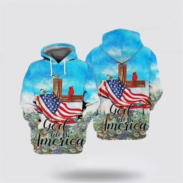 Blue God Bless American Flag All Over Print Hoodie Shirt – Gifts For Christian Families