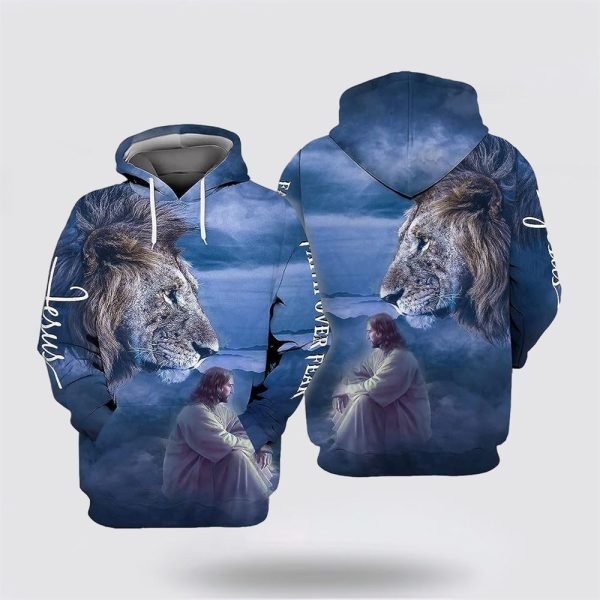 Blue Jesus Lion Face All Over Print Hoodie Shirt – Gifts For Christian Families