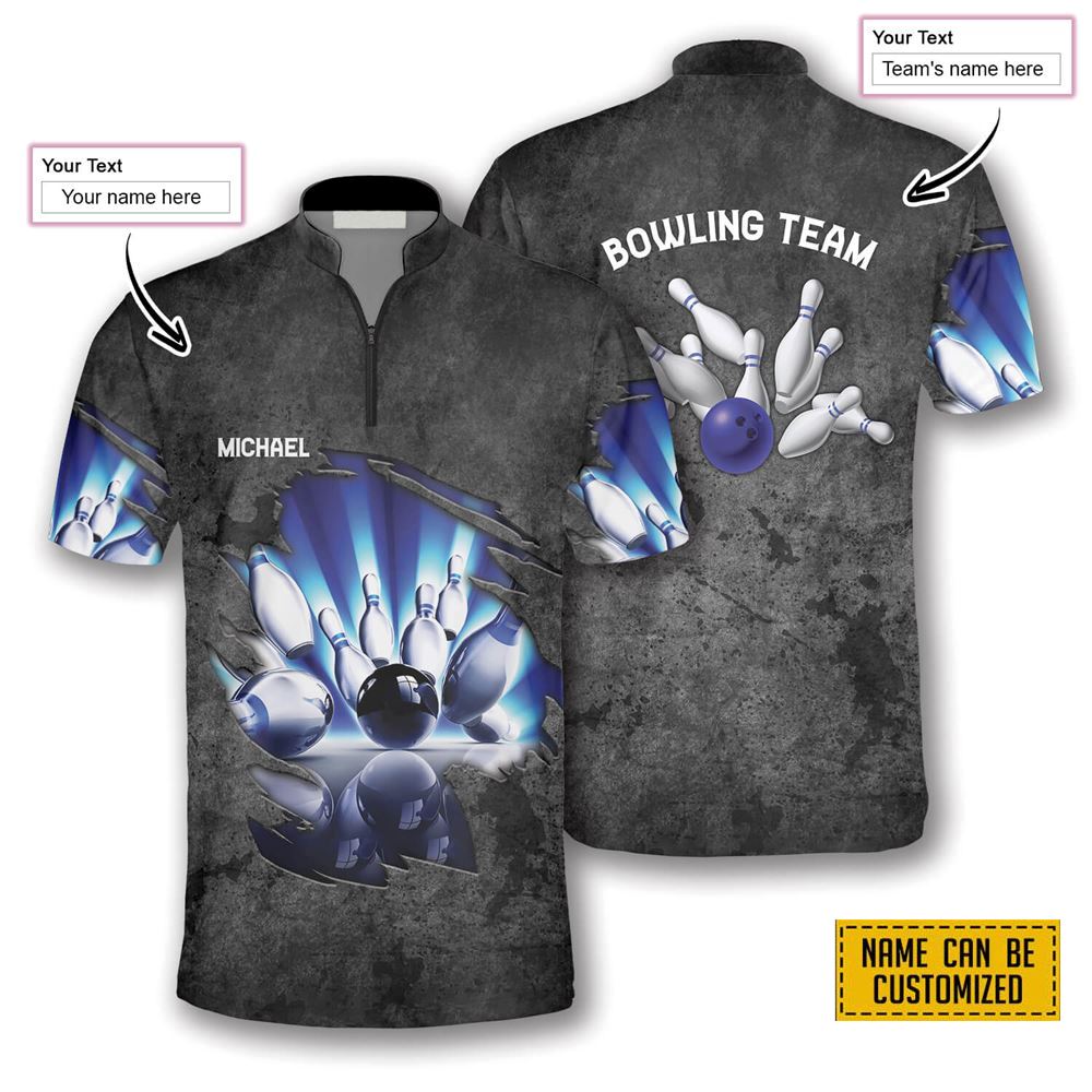 Blue Pins Grey Grunge Pattern Bowling Personalized Names And Team Jersey Shirt – Gift For Bowling Enthusiasts