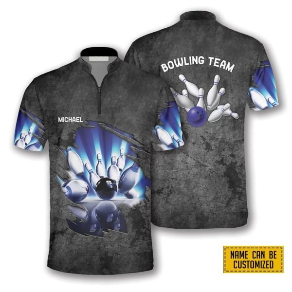 Blue Pins Grey Grunge Pattern Bowling Personalized Names And Team Jersey Shirt – Gift For Bowling Enthusiasts