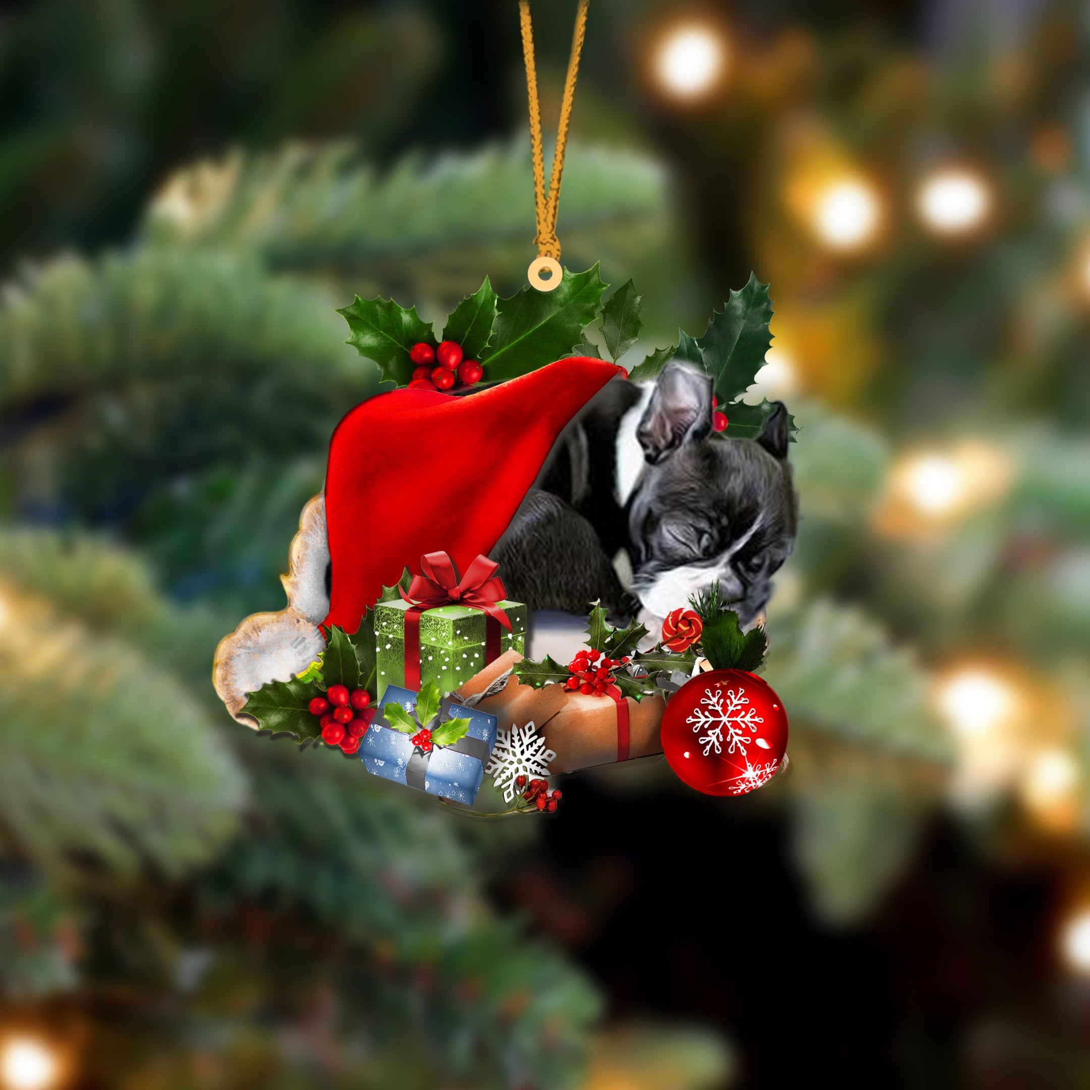 Boston Terrier-Sleeping In Hat Two Sides Christmas Plastic Hanging Ornament
