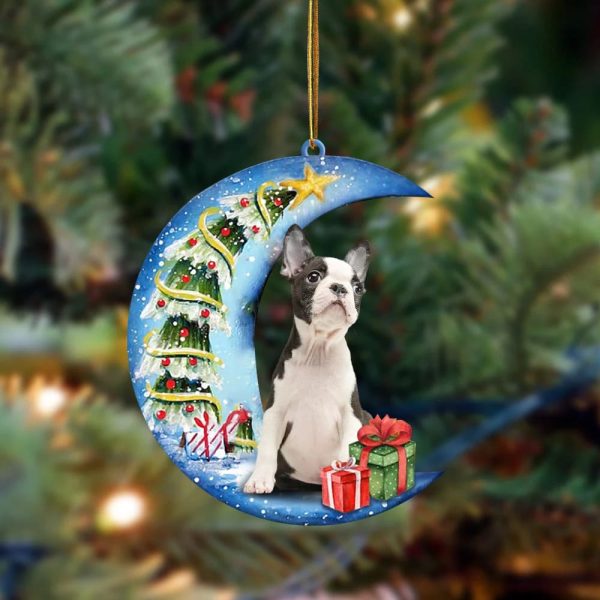 Boston Terrier Sit On The Blue Moon-Two Sided Christmas Plastic Hanging Ornament