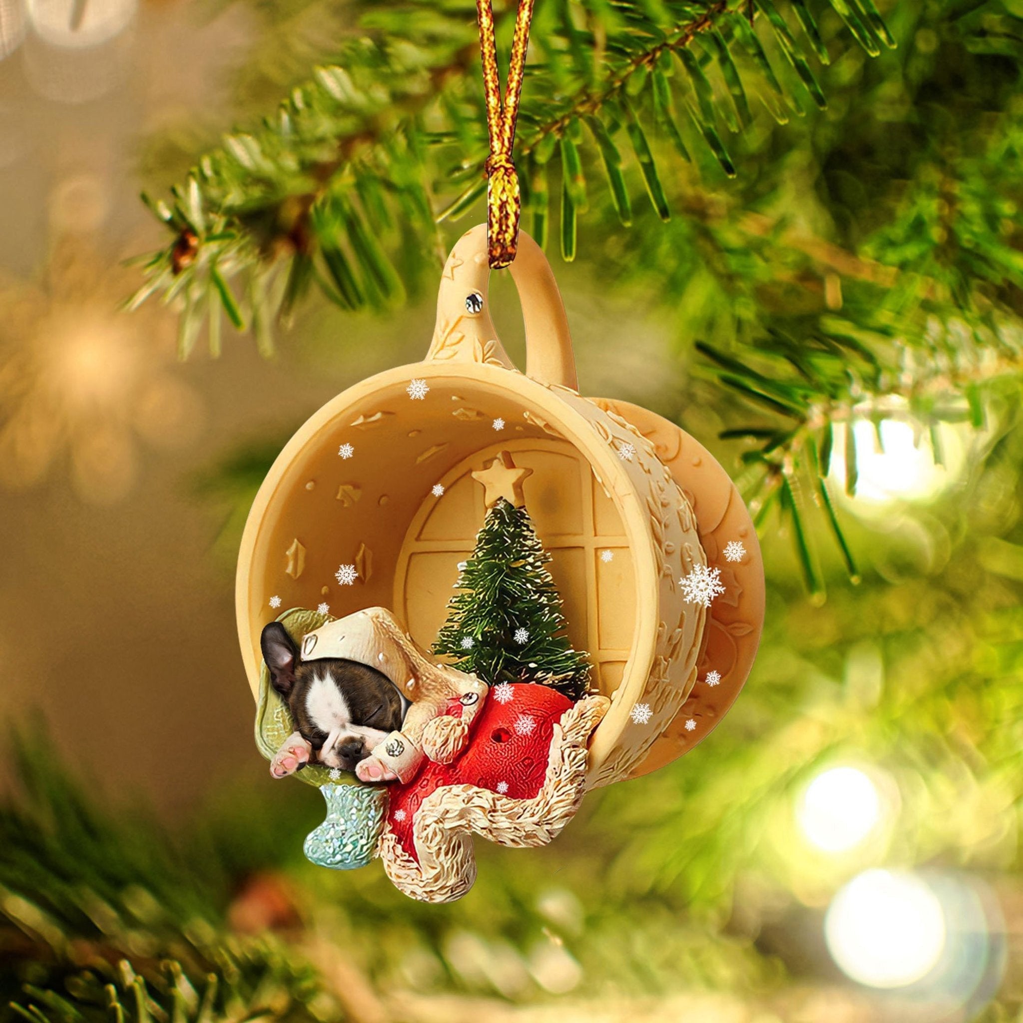 Boston Terrier Sleeping In A Tiny Cup Christmas Holiday-Two Sided Christmas Plastic Hanging Ornament