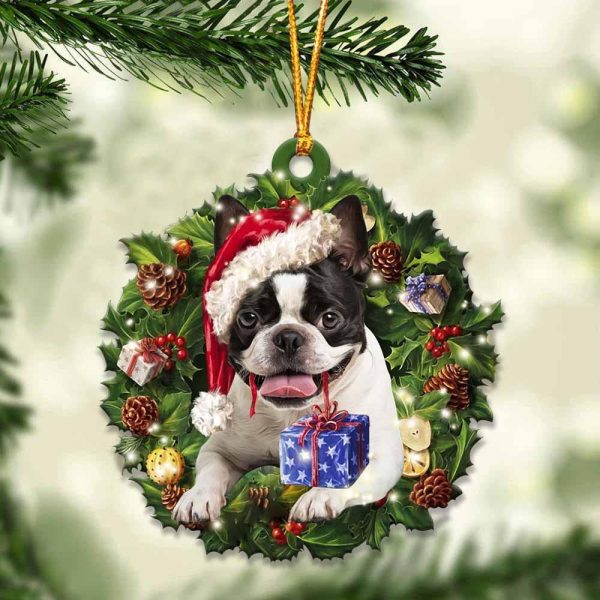 Boston Terrier With Santa Hat  Christmas Dog Ornaments  Best Xmas Gifts