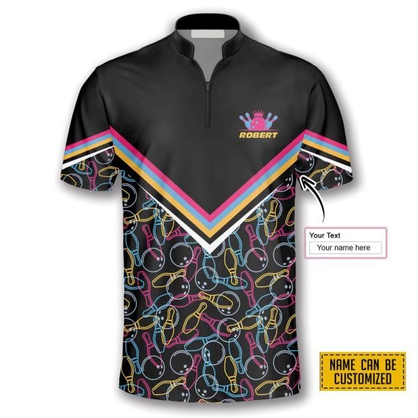 Bowling Pattern In Black Colorful Lines Bowling Personalized Names Jersey Shirt – Gift For Bowling Enthusiasts