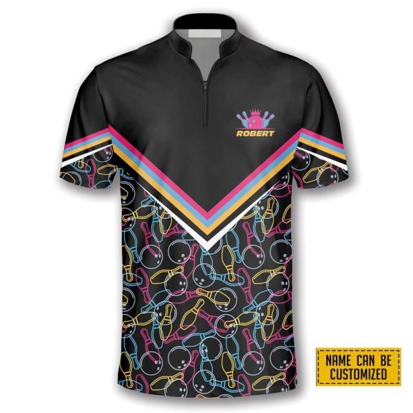 Bowling Pattern In Black Colorful Lines Bowling Personalized Names Jersey Shirt – Gift For Bowling Enthusiasts