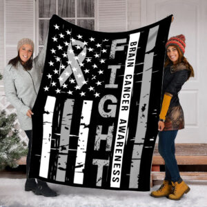 Brain Cancer Awareness Fight Usa Flag Fleece Throw Blanket - Sherpa Fleece Blanket - Weighted Blanket To Sleep