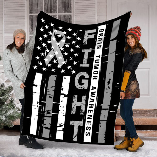 Brain Tumor Awareness Fight Usa Flag Fleece Throw Blanket – Sherpa Fleece Blanket – Weighted Blanket To Sleep