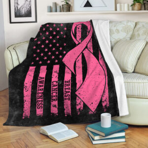 Breast Cancer American Usa Flag Black Fleece Throw Blanket - Sherpa Fleece Blanket - Weighted Blanket To Sleep