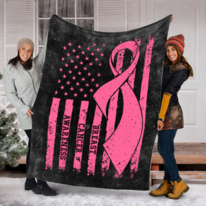 Breast Cancer American Usa Flag Black Fleece Throw Blanket - Sherpa Fleece Blanket - Weighted Blanket To Sleep