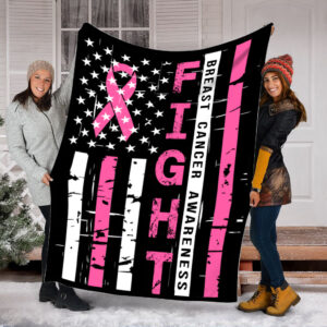 Breast Cancer Awareness Fight Usa Flag Fleece Throw Blanket - Sherpa Fleece Blanket - Weighted Blanket To Sleep