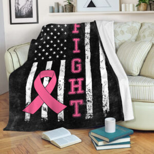 Breast Cancer Fight American Usa Flag Black Fleece Throw Blanket - Sherpa Fleece Blanket - Weighted Blanket To Sleep