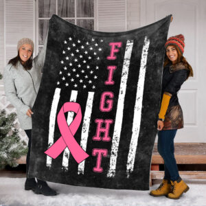 Breast Cancer Fight American Usa Flag Black Fleece Throw Blanket - Sherpa Fleece Blanket - Weighted Blanket To Sleep