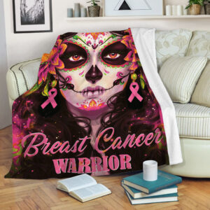 Breast Cancer Warrior Skull Flower Girl Pre Fleece Throw Blanket - Sherpa Fleece Blanket - Weighted Blanket To Sleep