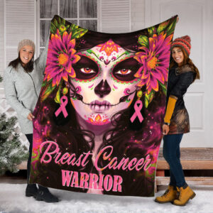 Breast Cancer Warrior Skull Flower Girl Pre Fleece Throw Blanket - Sherpa Fleece Blanket - Weighted Blanket To Sleep