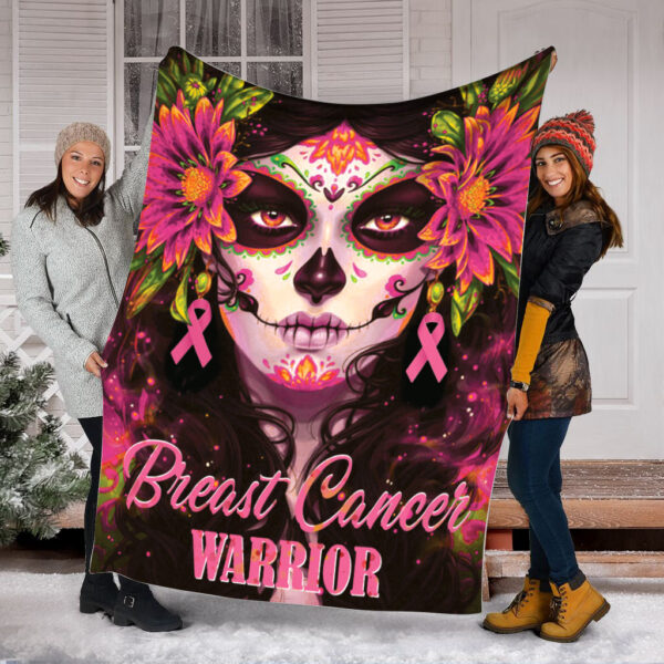 Breast Cancer Warrior Skull Flower Girl Pre Fleece Throw Blanket – Sherpa Fleece Blanket – Weighted Blanket To Sleep