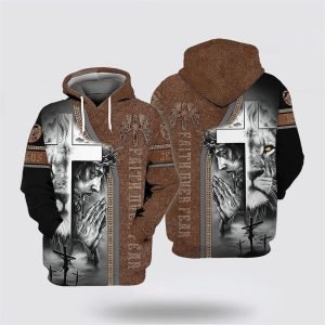 Brown Jesus Lion Faith Over Fear All Over Print Hoodie – Gift For Chirstian – Gifts For Christian Families