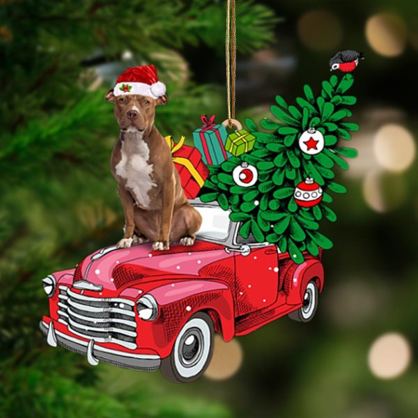 Brown Pitbull-Pine Truck Hanging Christmas Plastic Hanging Ornament – Gifts For Dog Lovers