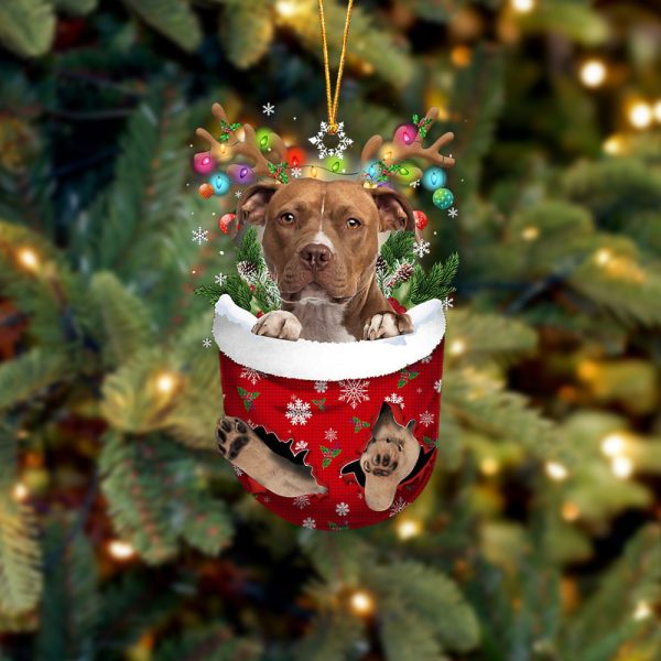 Brown Pitbull In Snow Pocket Christmas Ornament – Flat Acrylic Dog Ornament Hanging Gift
