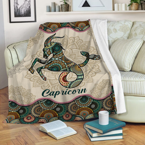 Capricorn Vintage Mandala Fleece Throw Blanket – Sherpa Fleece Blanket – Soft Lightweight Blanket