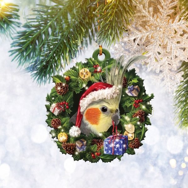 Cockatiel Christmas Wreath Ornament Flat 2d, Dog Lover Gifts, Christmas Tree Ornament, Home Decor Plastic Ornament