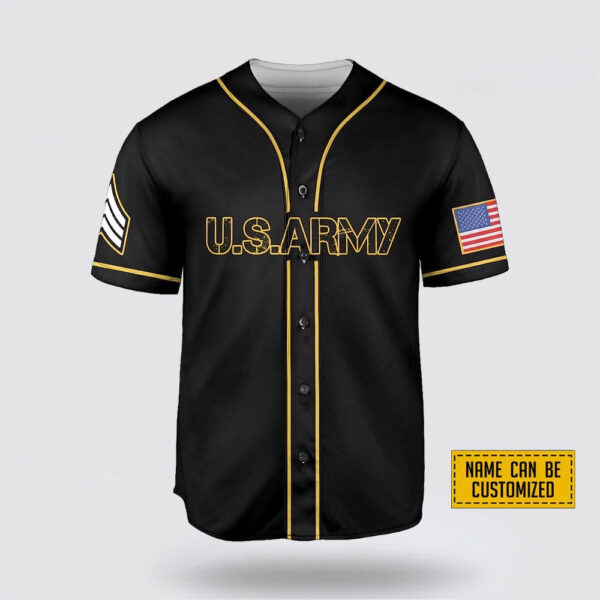 Custom Name Black US Army Rank American Flag Baseball Jersey – Gift For Military Personnel