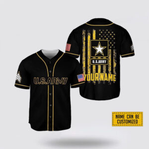Custom Name Black US Army Rank American Flag Baseball Jersey - Gift For Military Personnel