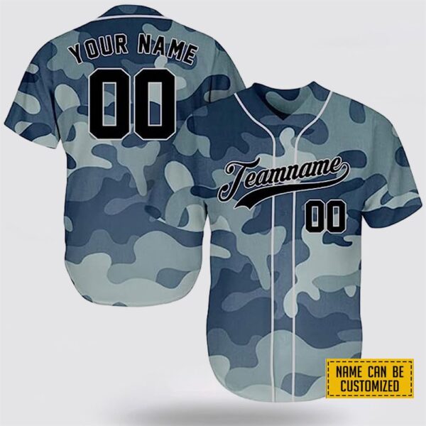 Custom Name Blue And Grey Camouflage Army Pattern Baseball Jersey – Gift For Military Personnel