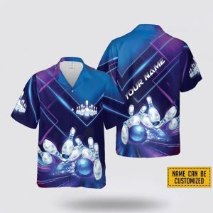 Custom Name Blue Ball Bowling Neon Pattern Bowling Hawaiin Shirt – Beachwear Gift For Bowler