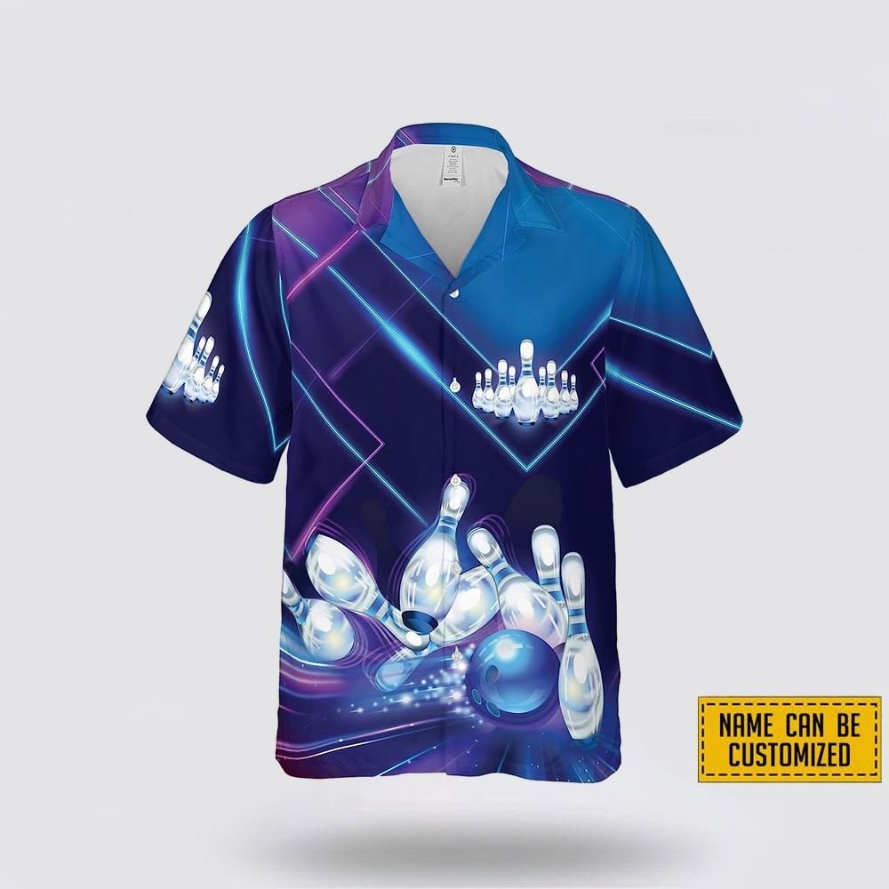 Custom Name Blue Ball Bowling Neon Pattern Bowling Hawaiin Shirt – Beachwear Gift For Bowler