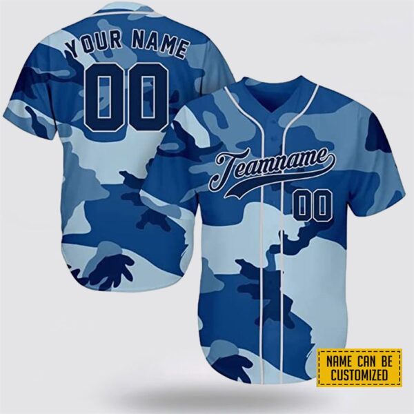 Custom Name Blue Camouflage Army Pattern Baseball Jersey – Gift For Military Personnel