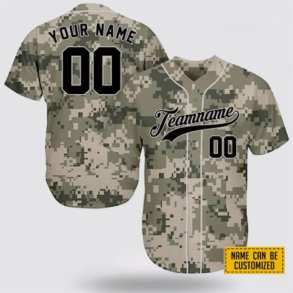 Custom Name Camouflage Pixel Army Pattern Baseball Jersey – Gift For Military Personnel